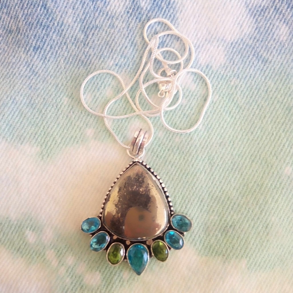 ❤ Artisan Apache Goldstone Pyrite + Aquamarine + Peridot SS 925 Pendant Necklace - Picture 5 of 6